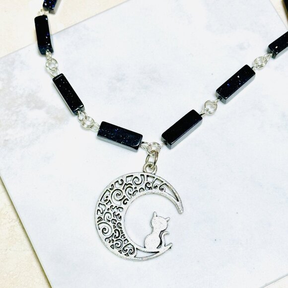 Dark Blue Goldstone Short Necklace w/ Silver Cat on the Moon Pendant - Picture 5 of 14